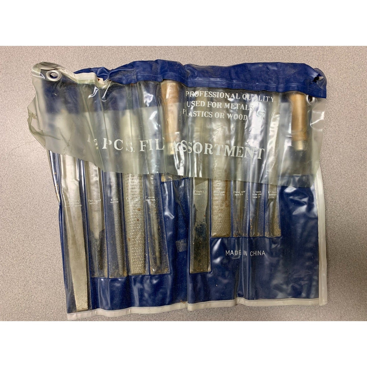 12pc Hand File Assortment files in clear plastic case with product information