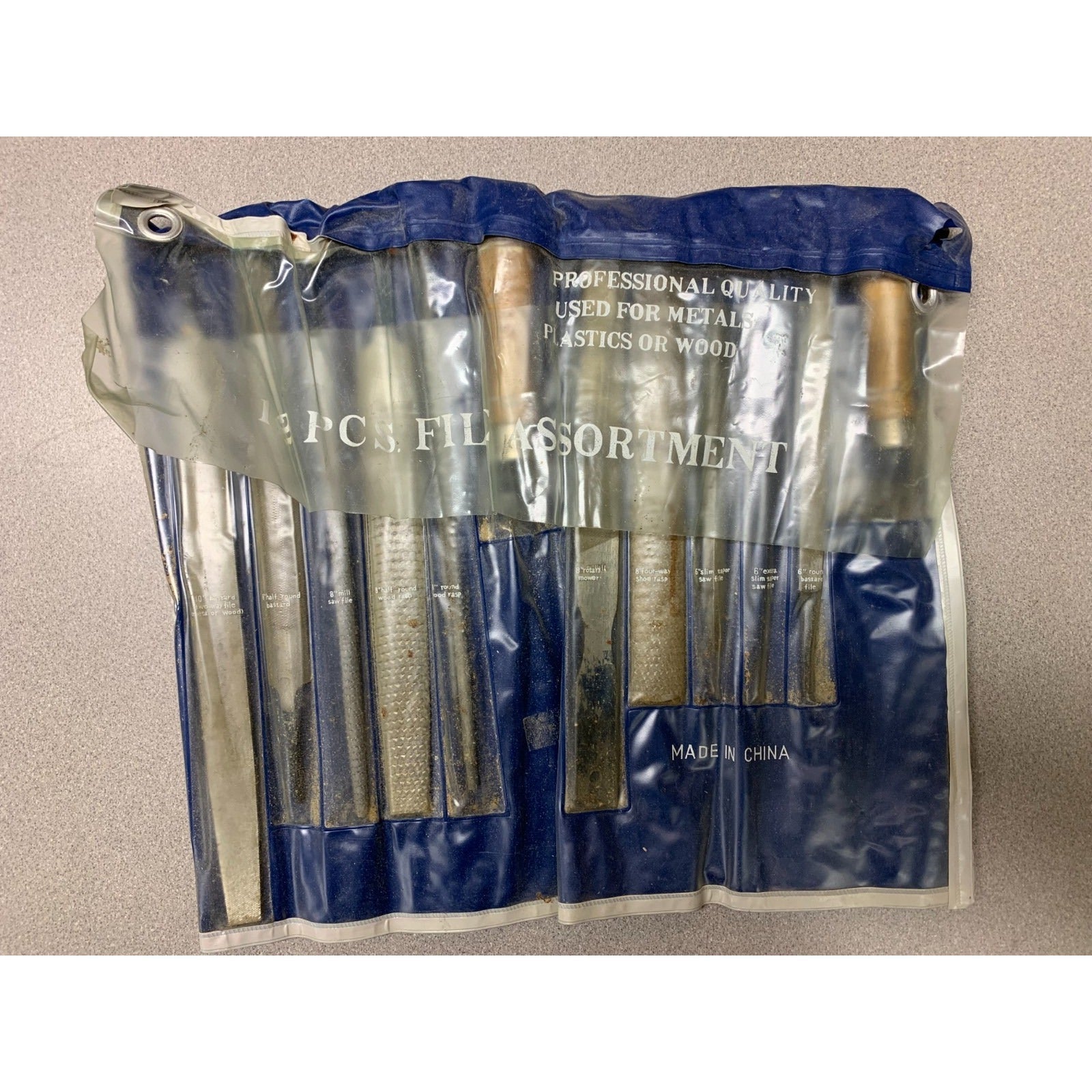12pc Hand File Assortment files in clear plastic case with product information