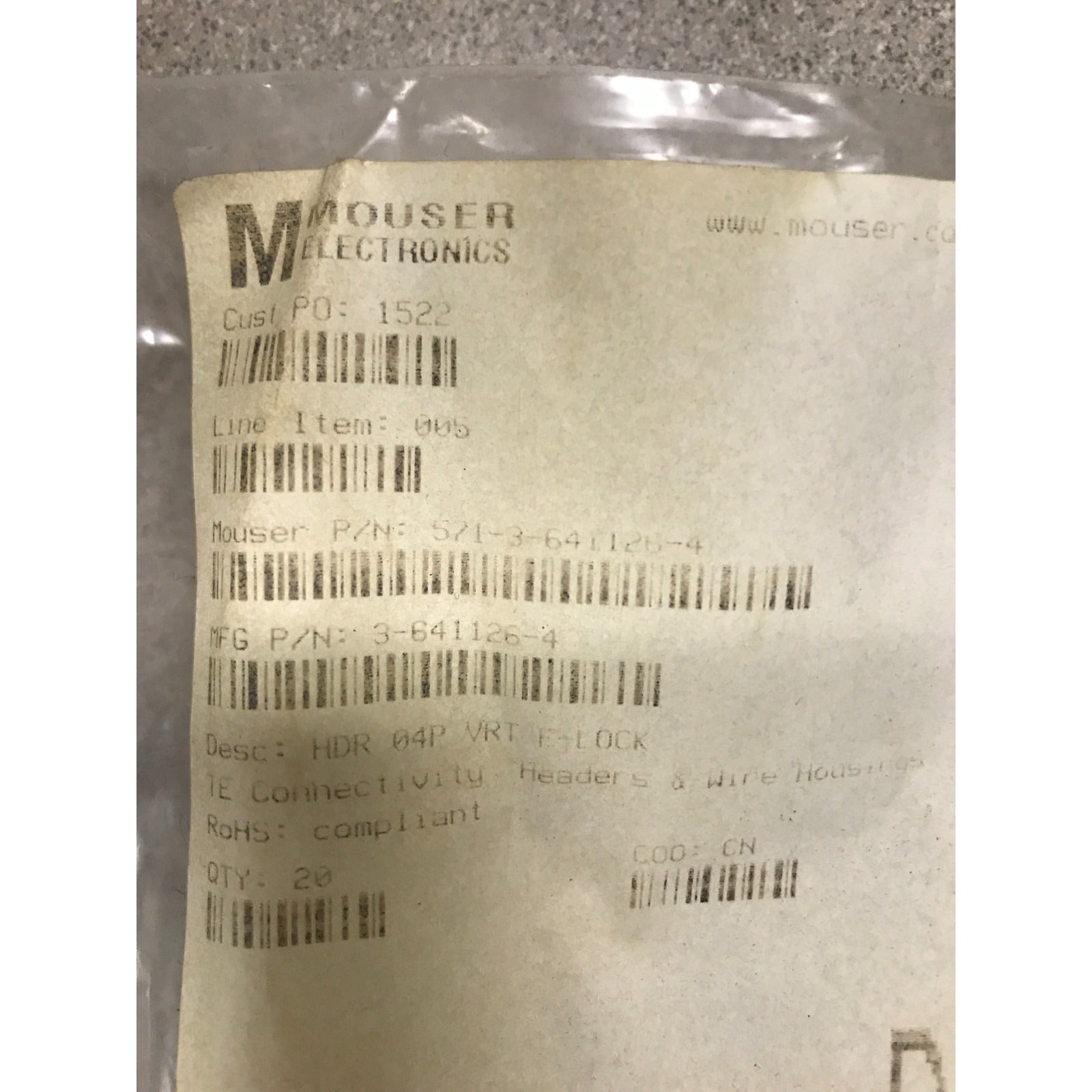 HDR 04P VRT F-Lock TE Connectivity Headers &amp; Wire housings (Mouser electronics P/N 3-641126-4) product label on package
