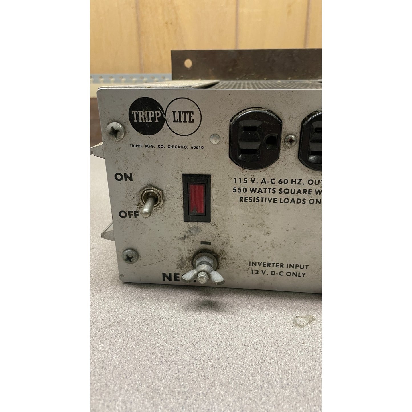 Powerverter Model PV-550 DC to AC Inverter - 115 VAC, 60Hz Output closeup of front panel power switch and outlets