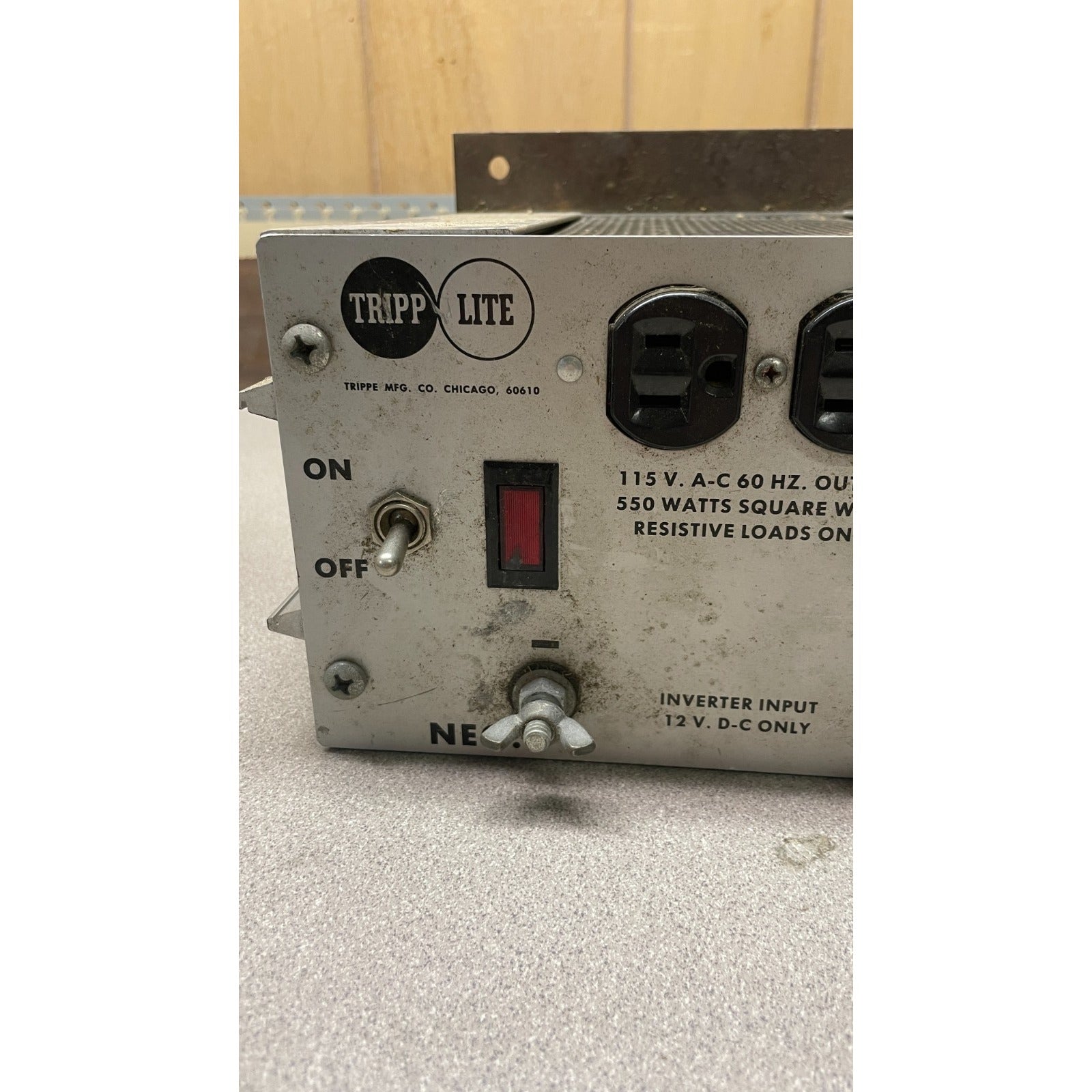 Powerverter Model PV-550 DC to AC Inverter - 115 VAC, 60Hz Output closeup of front panel power switch and outlets