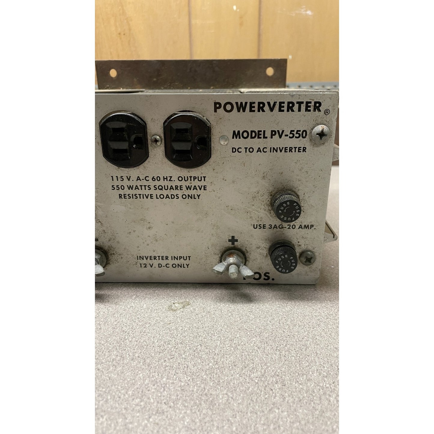 Powerverter Model PV-550 DC to AC Inverter - 115 VAC, 60Hz Output closeup of front panel adjustment knobs and outlets