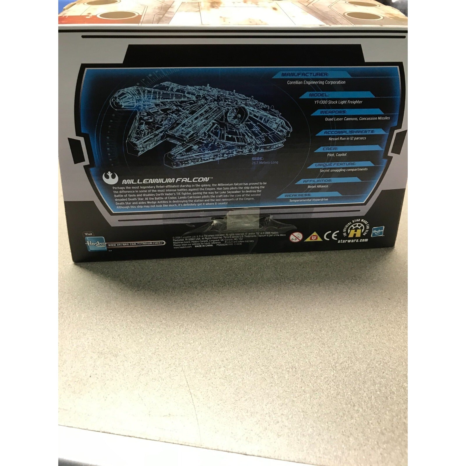 Star Wars Titanium Series Die Cast Millenium Falcon with Display Case back of box item detail