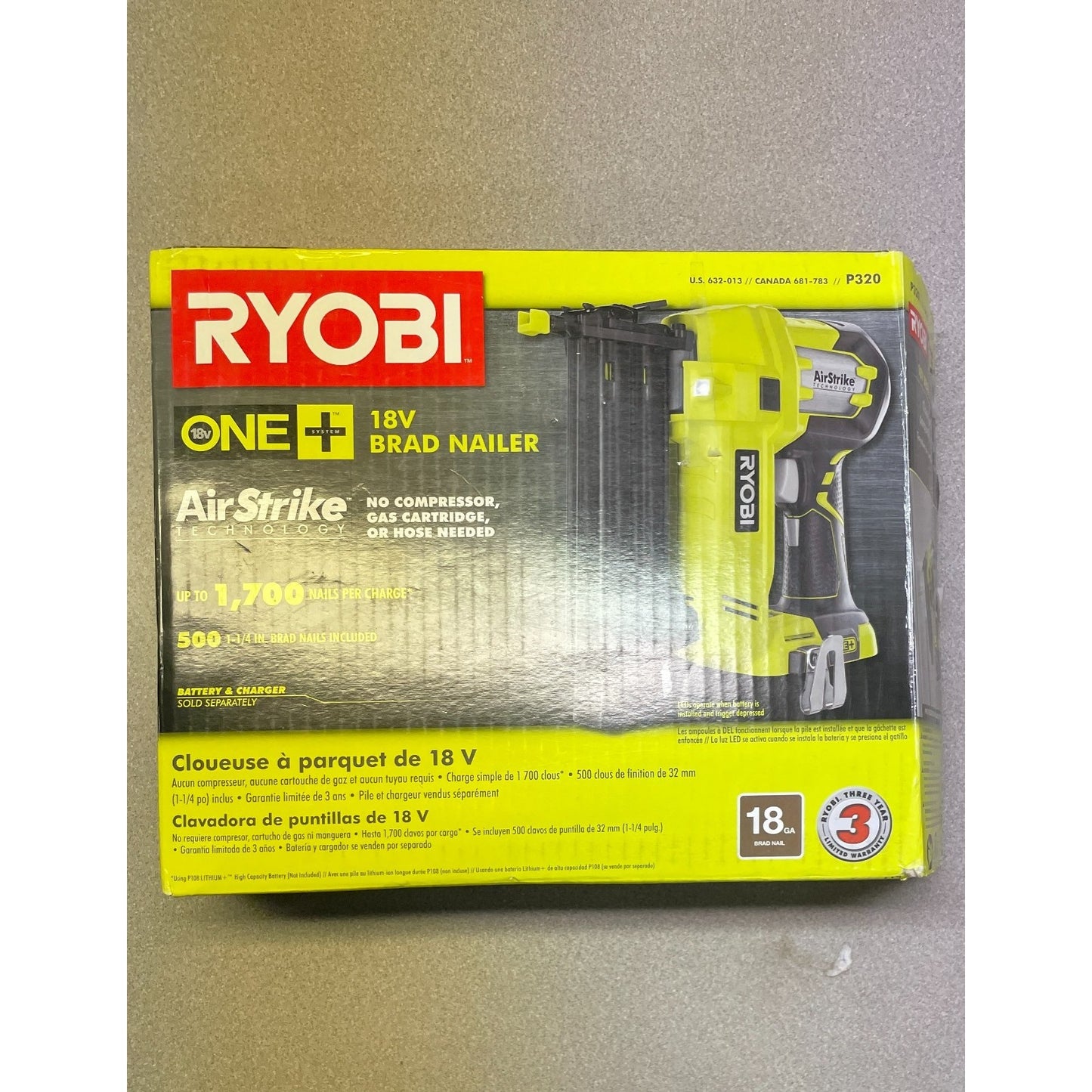 Ryobi 18V ONE+ AirStrike Technology Brad Nailer Cordless front of box with product description