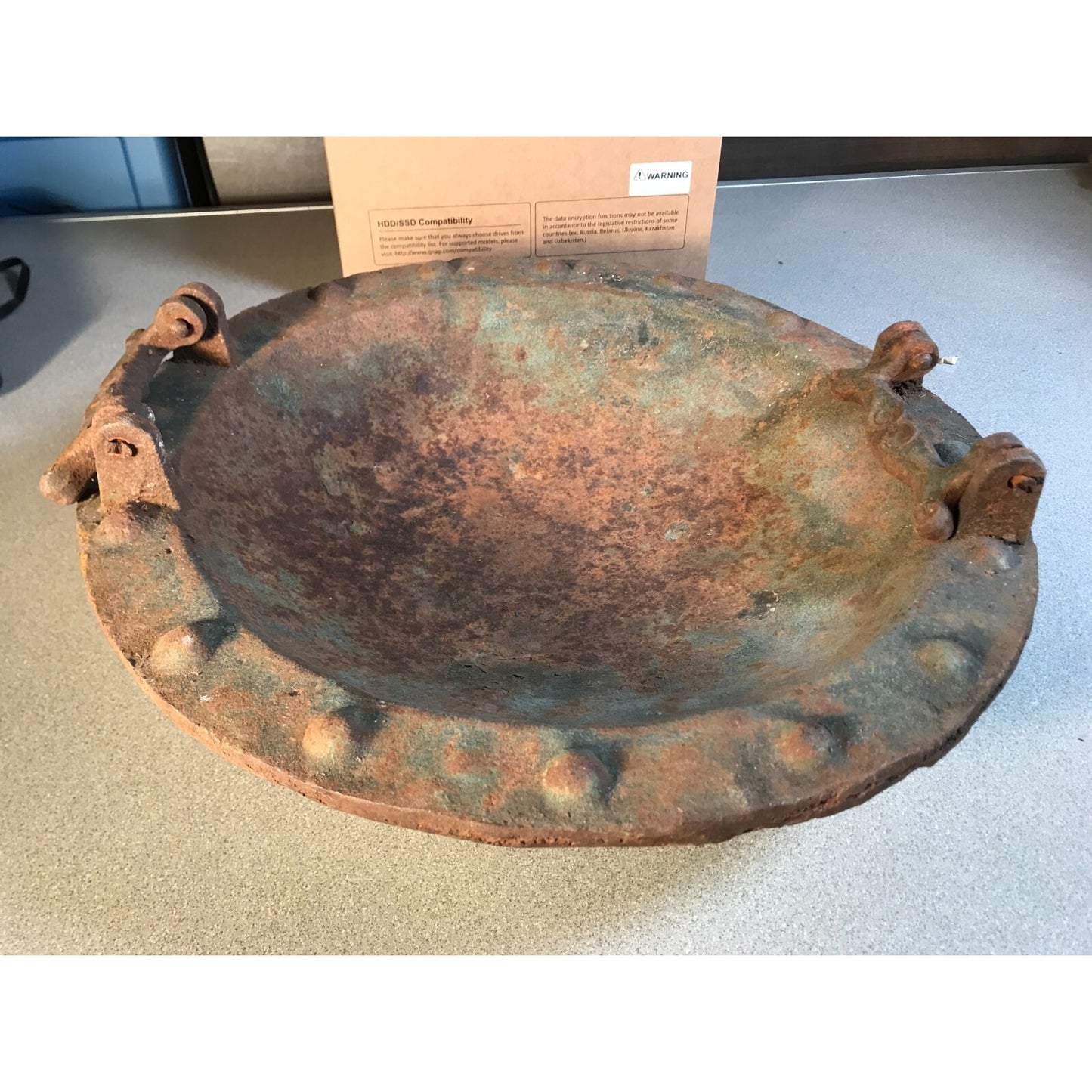 Antique Solid Iron Fire Cooking Bowl top/side view 