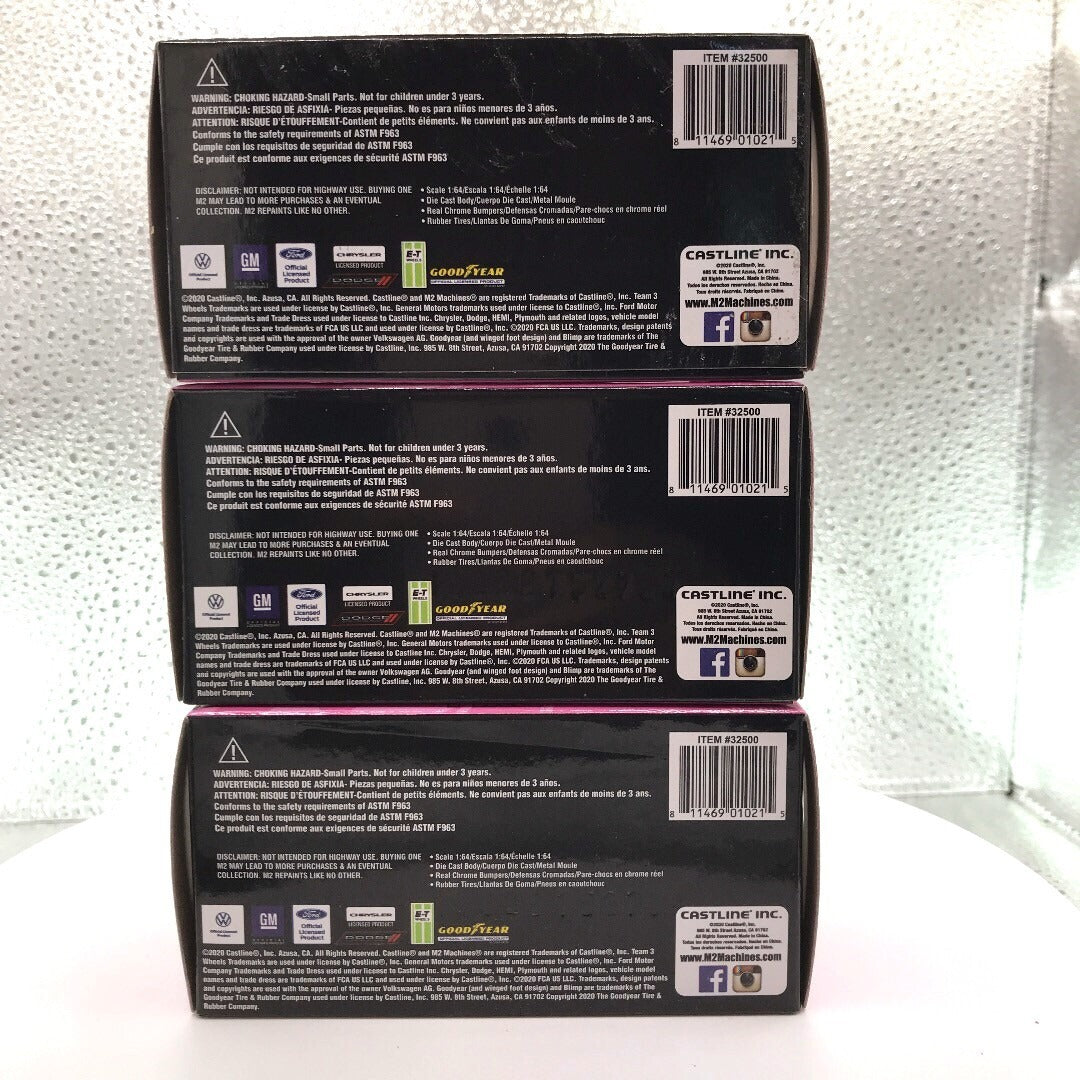 M2 Pink Cars Set of 3 - Includes 1985 Chevrolet Camaro IROC-Z, 1957 Chevrolet Bel Air Gasser, and 1987 Ford Mustang GT - Custom bottom of boxes