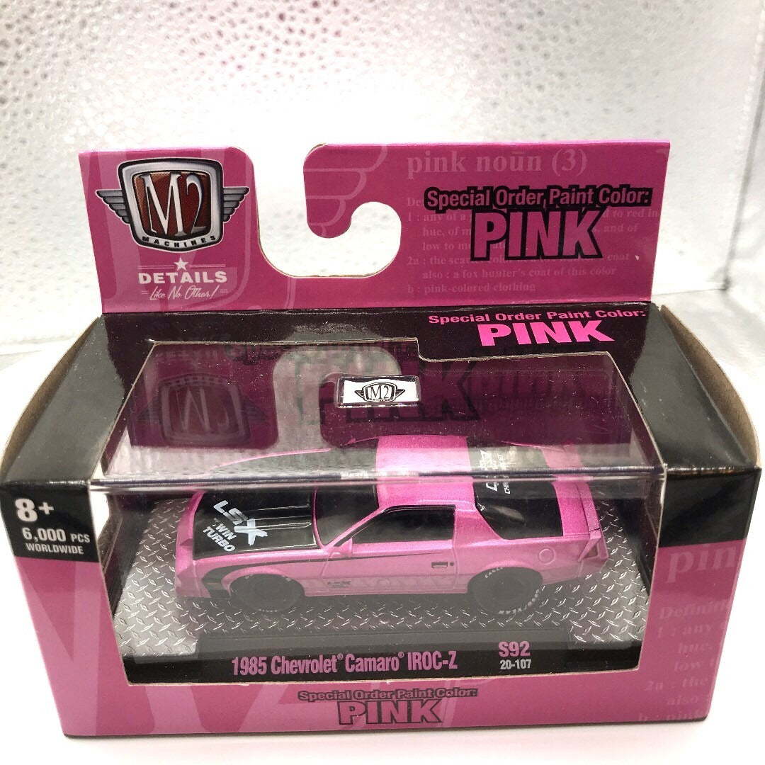 M2 Pink Cars Set of 3 - Includes 1985 Chevrolet Camaro IROC-Z, 1957 Chevrolet Bel Air Gasser, and 1987 Ford Mustang GT - Custom Camaro top view