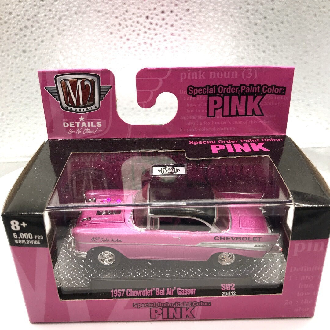 M2 Pink Cars Set of 3 - Includes 1985 Chevrolet Camaro IROC-Z, 1957 Chevrolet Bel Air Gasser, and 1987 Ford Mustang GT - Custom Bel Air front view in package
