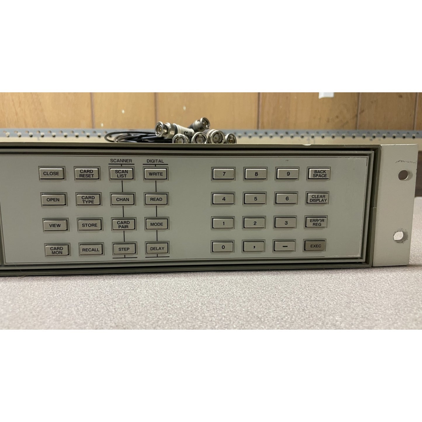 HP 3488A Switch Control Unit w/ 44478Bx5, with HP-IB Connector closeup of right side of front panel controls