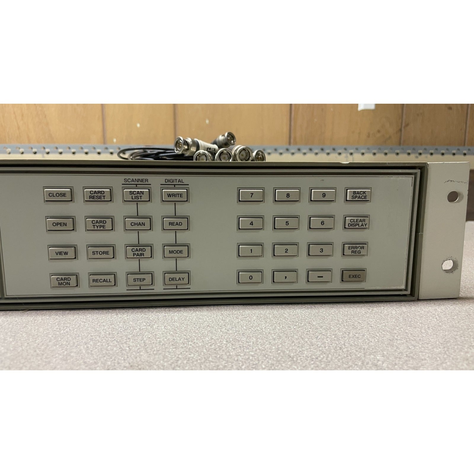 HP 3488A Switch Control Unit w/ 44478Bx5, with HP-IB Connector closeup of right side of front panel controls