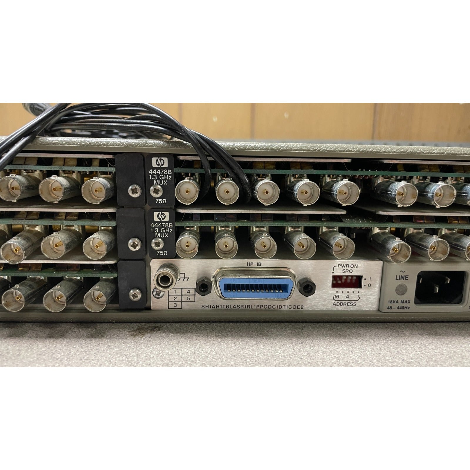HP 3488A Switch Control Unit w/ 44478Bx5, with HP-IB Connector closeup of back panel connections
