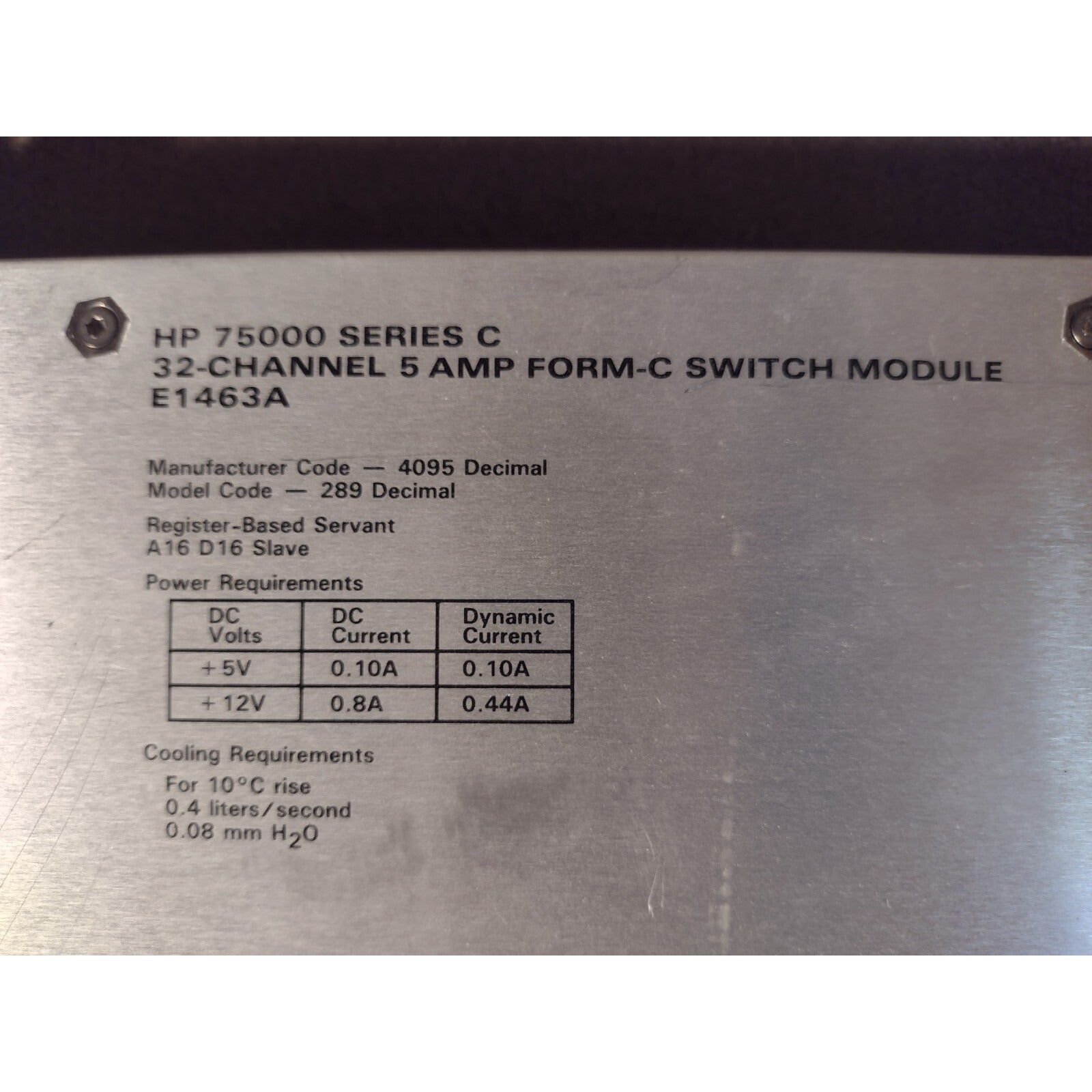 AGILENT HP E1463A 32-Channel, 5 Amp, Form C VXI Switch product label closeup