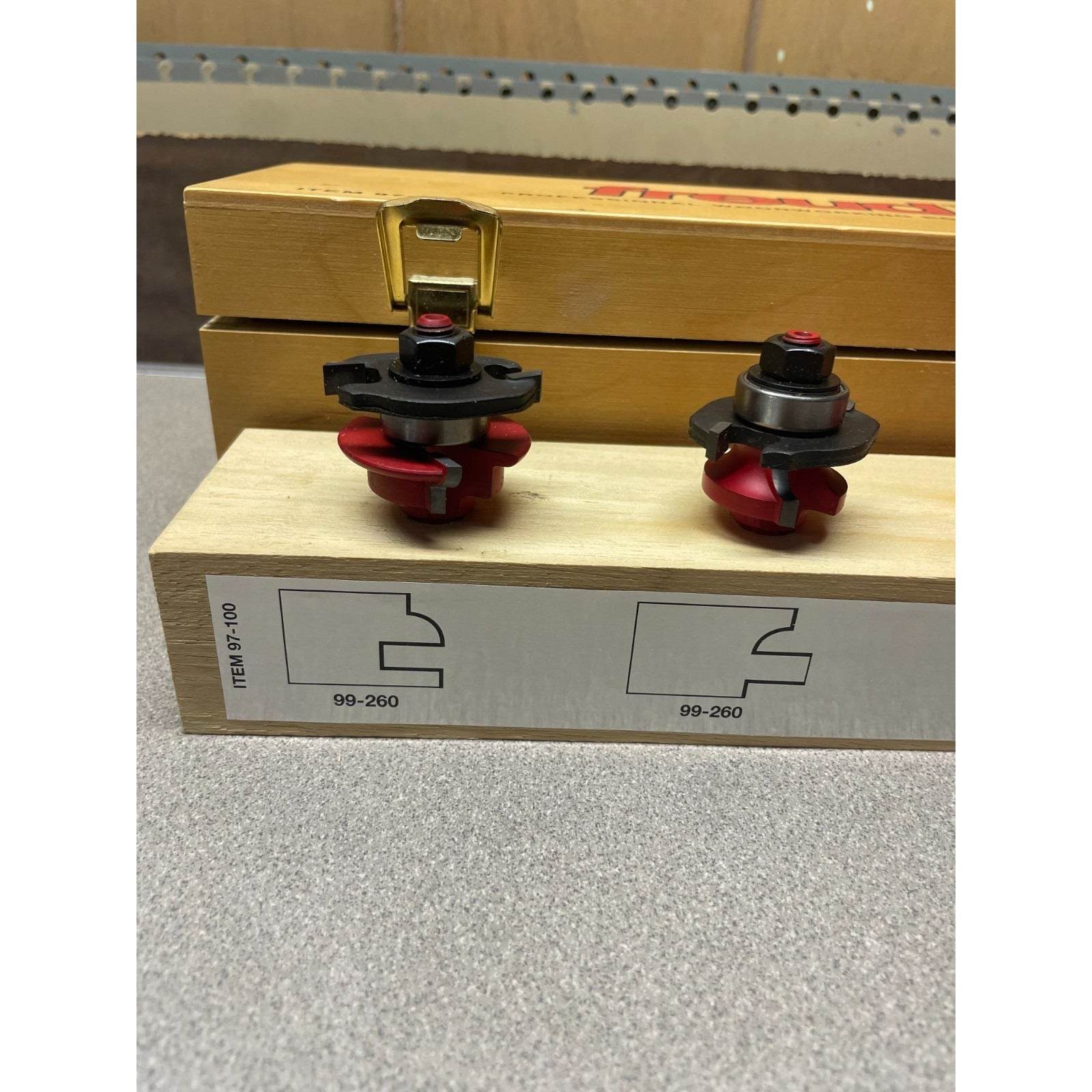 Freud Router Bit Set ITEM 97-100, Like New closeup of side view of two bits