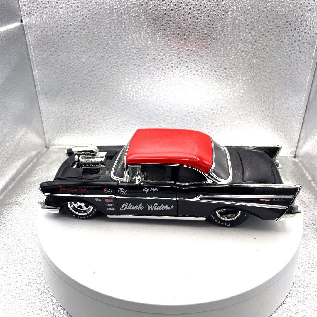 Jada Toys 1957 Chevy Bel Air Black Drag Car, Scale: 1/24, No. 30533, Big Pete Black Widow drivers side view
