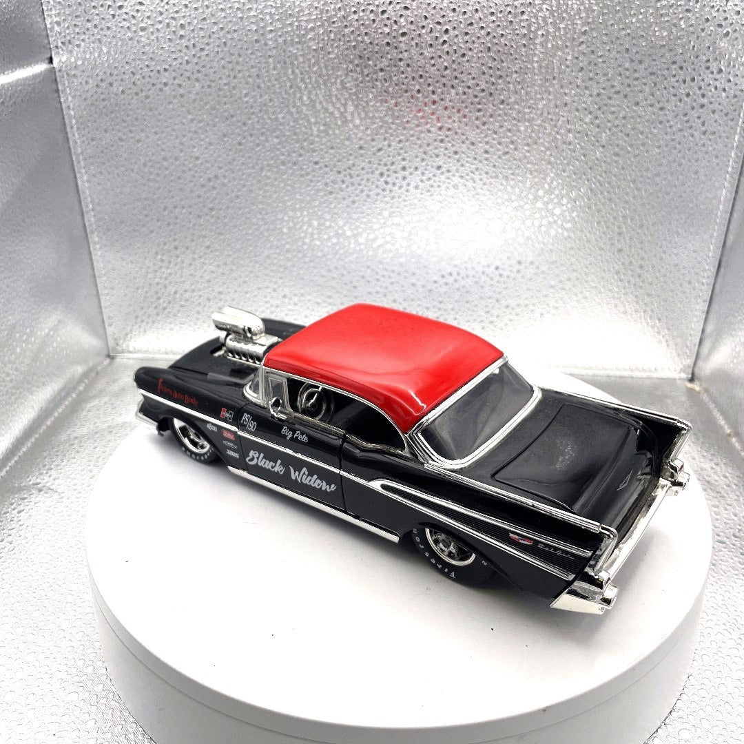 Jada Toys 1957 Chevy Bel Air Black Drag Car, Scale: 1/24, No. 30533, Big Pete Black Widow drivers side/back end view