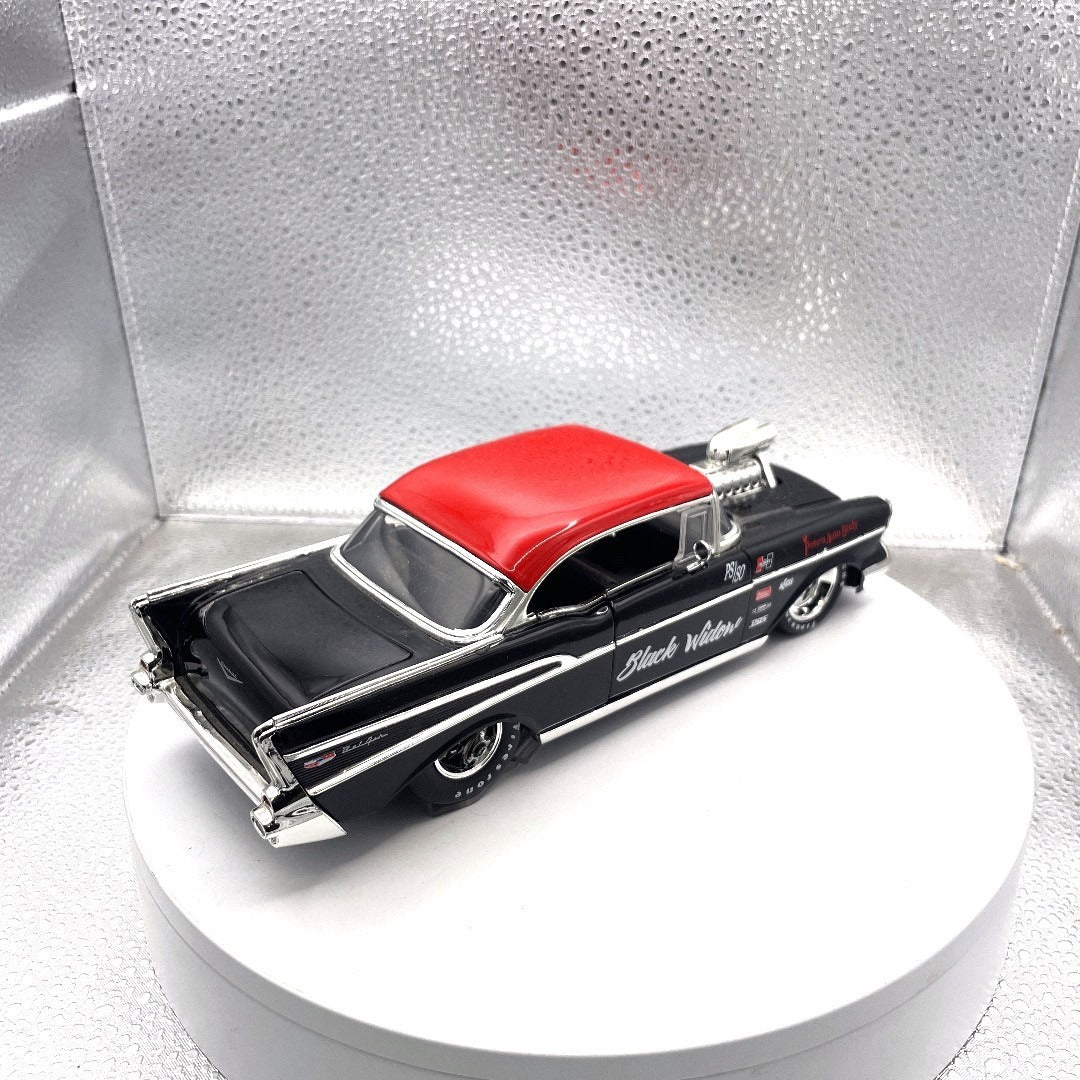 Jada Toys 1957 Chevy Bel Air Black Drag Car, Scale: 1/24, No. 30533, Big Pete Black Widow back end/passenger side view
