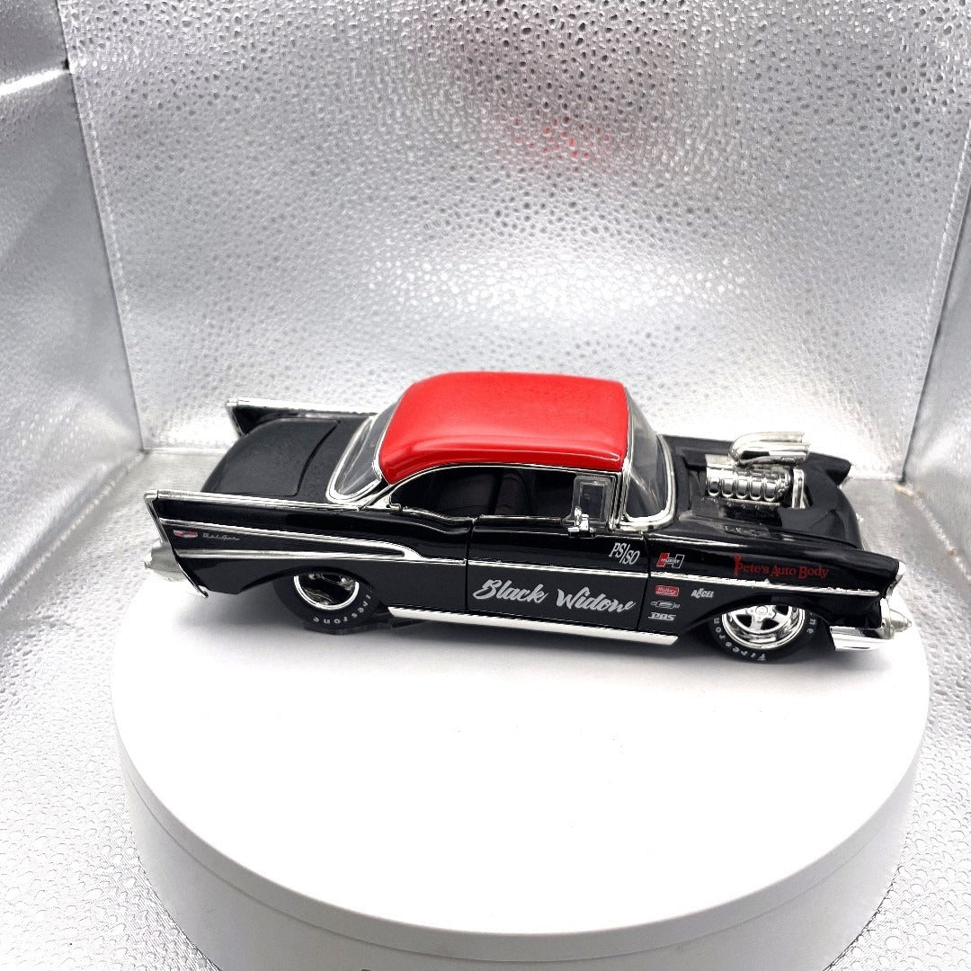 Jada Toys 1957 Chevy Bel Air Black Drag Car, Scale: 1/24, No. 30533, Big Pete Black Widow passenger side view