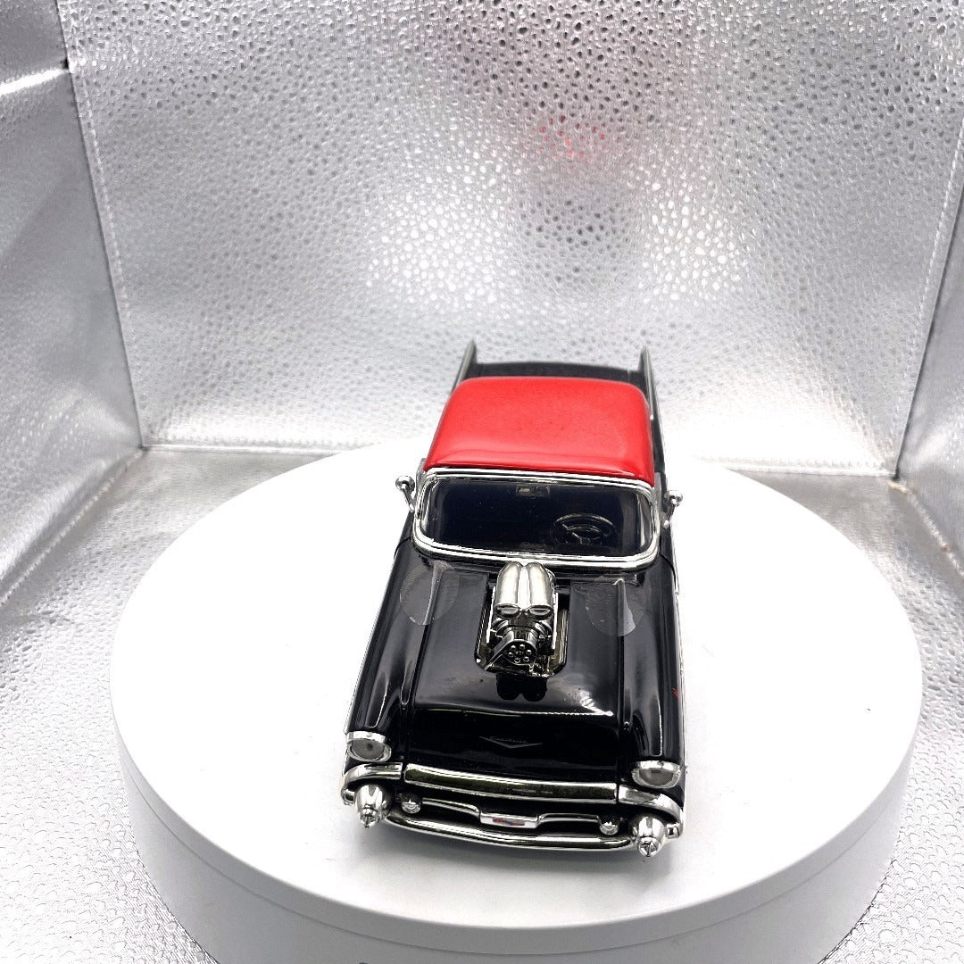 Jada Toys 1957 Chevy Bel Air Black Drag Car, Scale: 1/24, No. 30533, Big Pete Black Widow front end view exposed engine