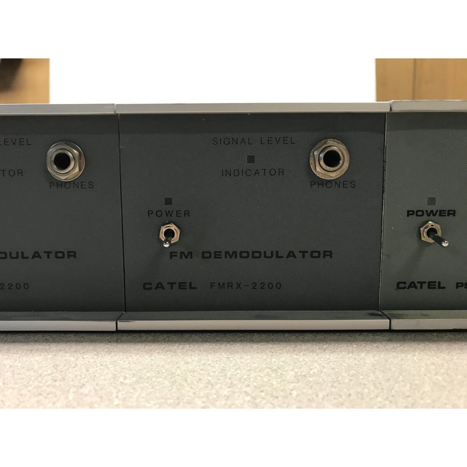 Catel FMRX-220 FM Demodulator 3 FM Audio Demodulators in Chassis w/ Power Supply front panel connections closeup