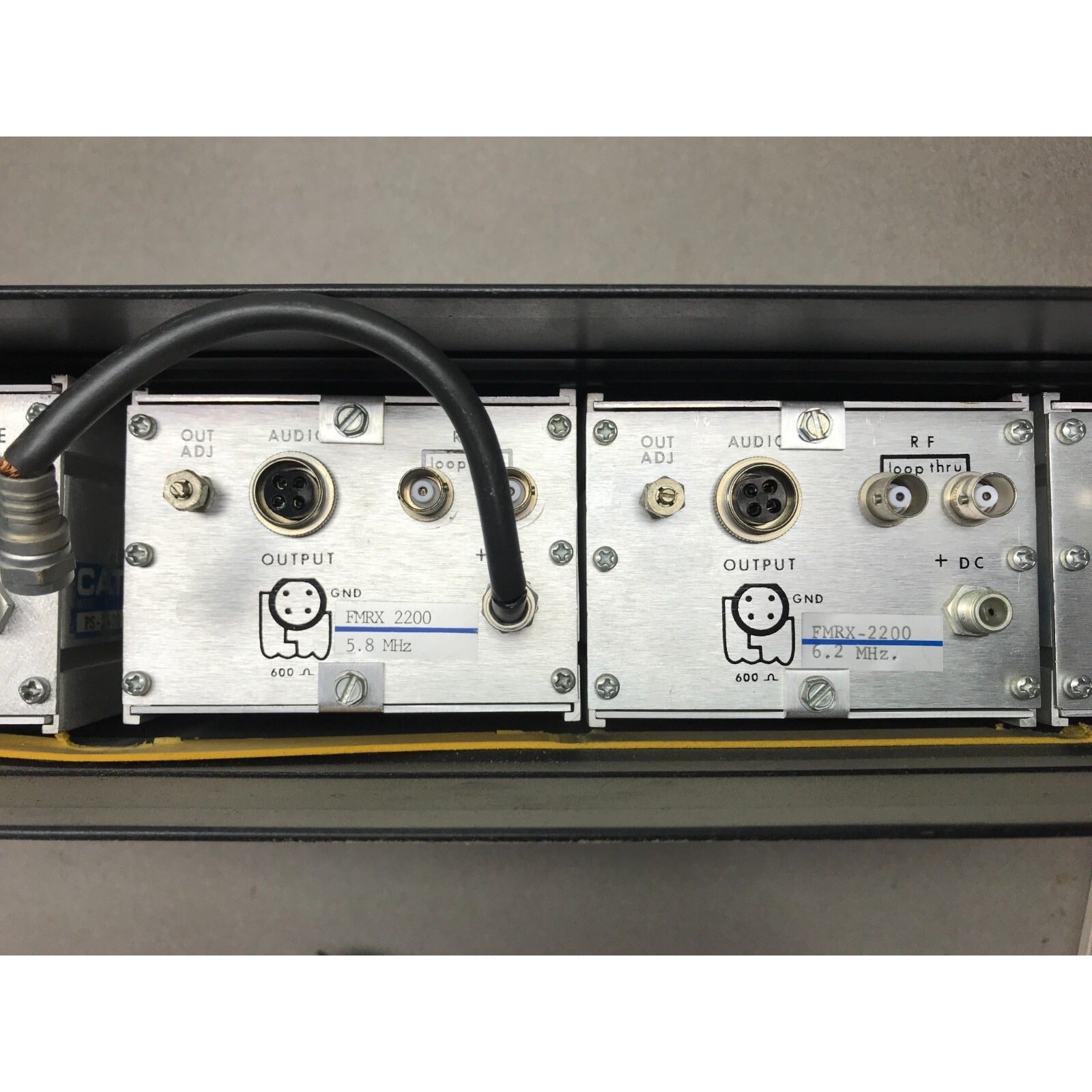 Catel FMRX-220 FM Demodulator 3 FM Audio Demodulators in Chassis w/ Power Supply back panel connections closeup