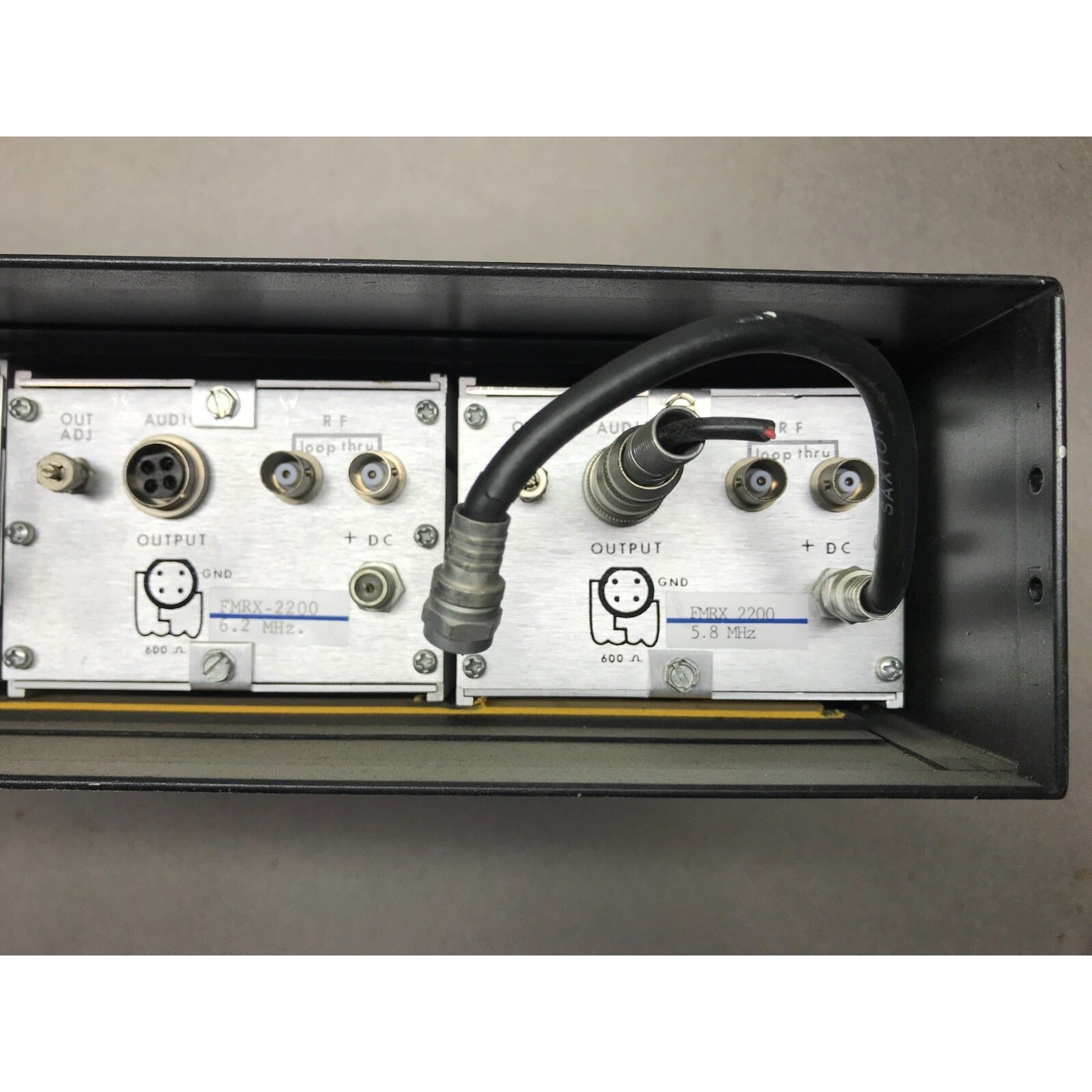 Catel FMRX-220 FM Demodulator 3 FM Audio Demodulators in Chassis w/ Power Supply back panel connections closeup