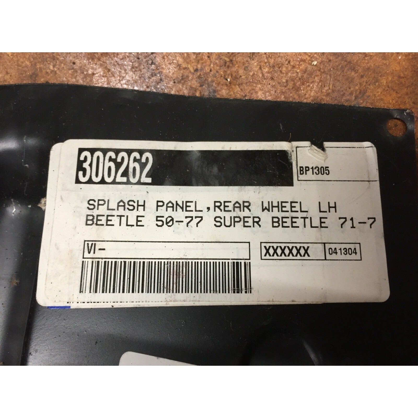 1955-77 VW Super Beetle, Bug, Dune Buggy Left & Right Splash Pan product label closeup